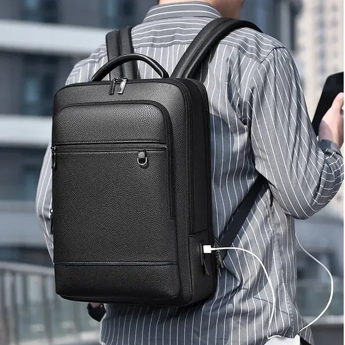 Sac à dos exécutif hommes sacoche en cuir PU USB charge porte-documents bureau voyage ordinateur portable