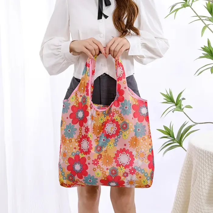 Grand sac de courses pliable en polyester à motif floral