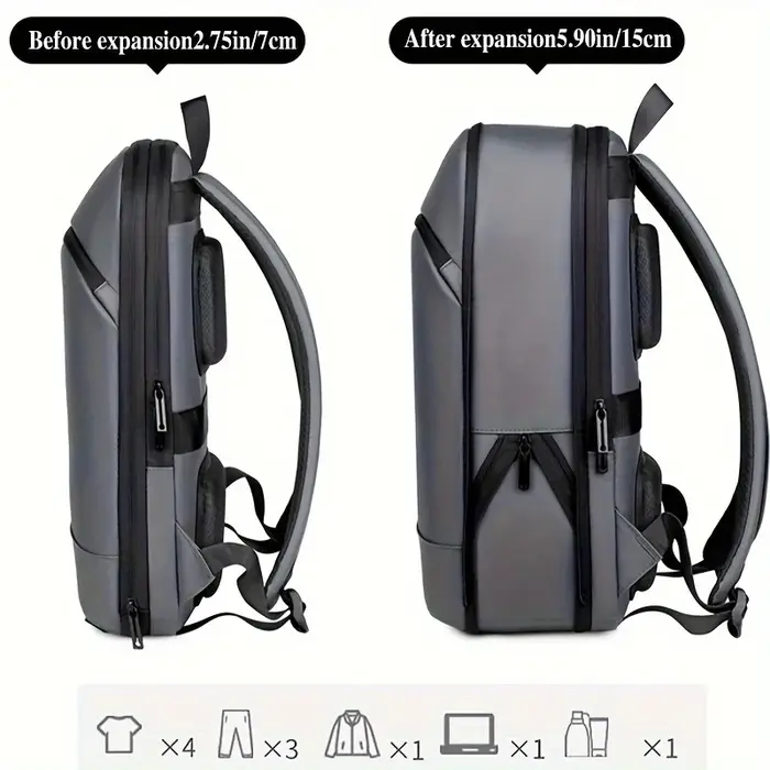 Un sac à dos d'affaires uni pour hommes avec une sangle de bagage pour les déplacements domicile-travail.
