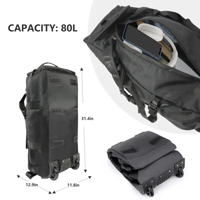 Sac de sport roulant 80L avec roulettes Sac de voyage pliable robuste de 31 pouces Bagage