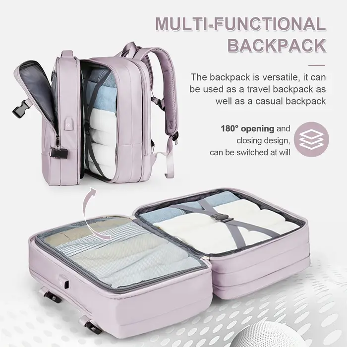Sac à dos de voyage antivol extensible pour femme avec compartiment principal extensible (180 ° ), C