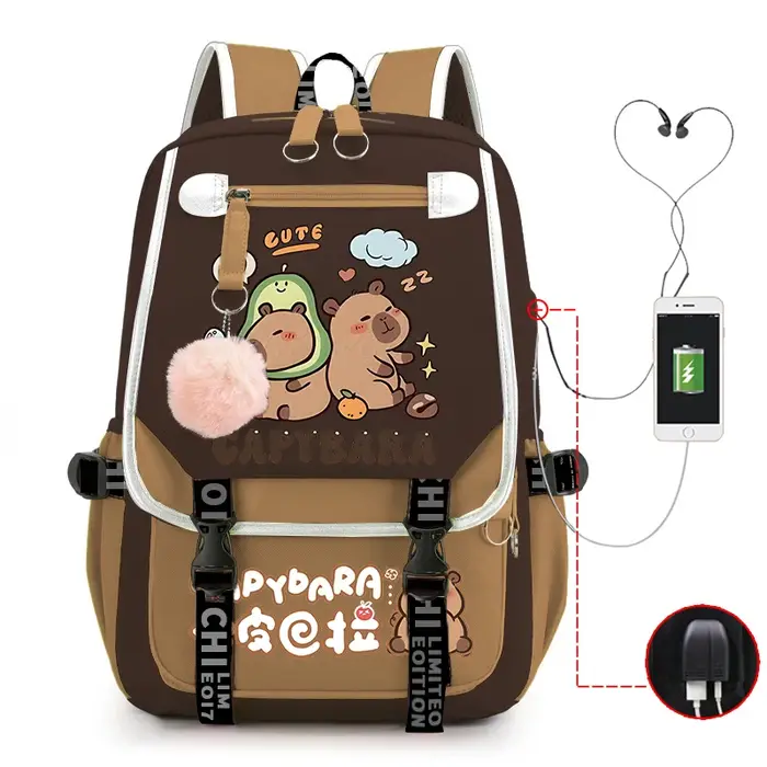 Capybara sac à dos pour femmes filles grande capacité USB sacs de charge enfants adolescent école sac à dos mignon