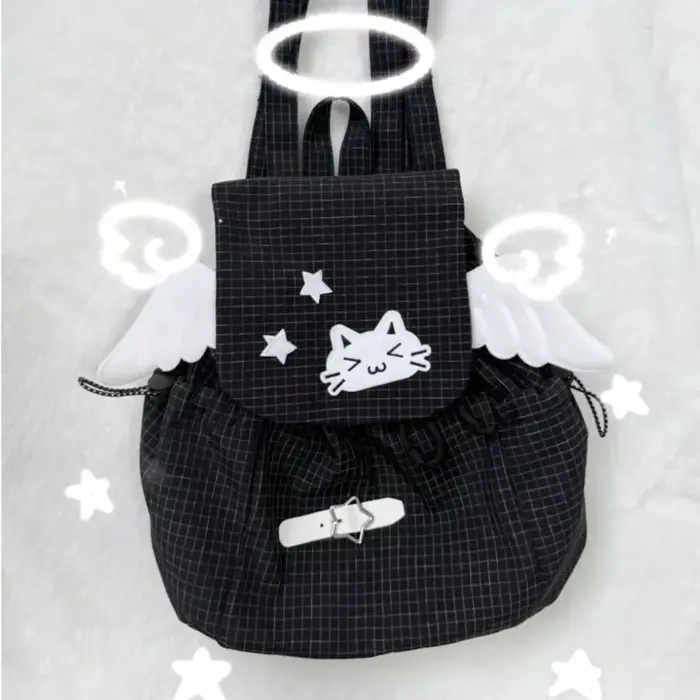 Sac à dos chat brodé noir blanc Style à carreaux léger mignon petites épaules polyvalent étudiant tr