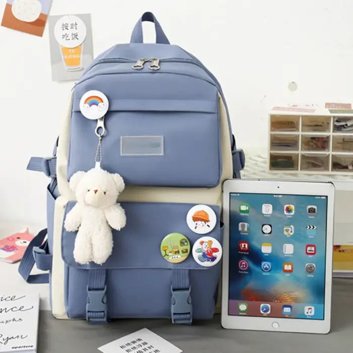 5 pièces ensemble sacs d'école pour adolescent sac à dos femme filles toile couleur unie femmes
