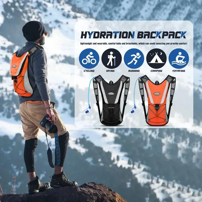 Sac à dos d'hydratation avec vessie d'eau de 2L pour homme et femme