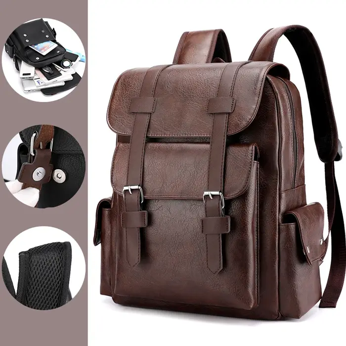 2023 Hommes Sac À Dos En Cuir PU Bagpack Grand Ordinateur Portable Sacs À Dos Mâle Mochilas Noir Cartable Pour Adolescents Garçons Marron Sac A Dos