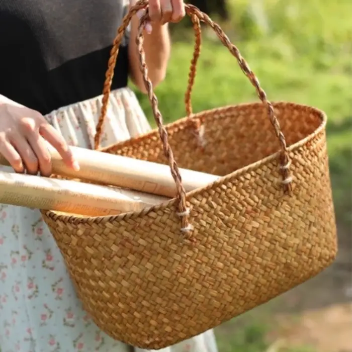 Grand sac fourre-tout tissé à la main en herbe naturelle