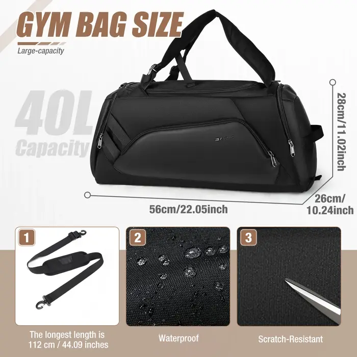 Sac de sport grande capacité 40L pour hommes, sac de fitness portable, sac bandoulière ou sac à dos, idéal pour les courts séjours, séparation sec/humide