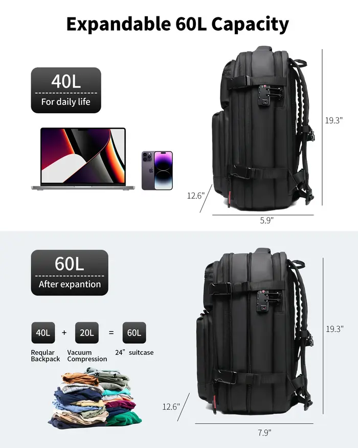 Sac à dos de voyage 60L extensible avec système de compression d'air et serrure TSA
