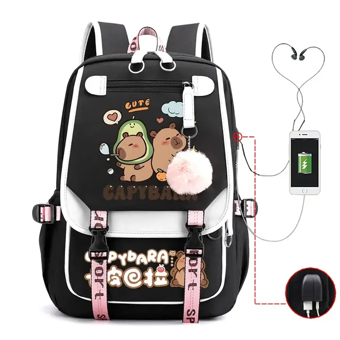 Capybara sac à dos pour femmes filles grande capacité USB sacs de charge enfants adolescent école sac à dos mignon