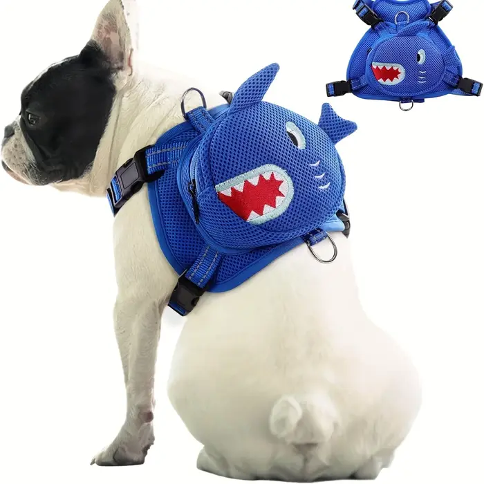 Sac à dos pour chien, harnais, sac à dos sans traction avec anneau en D pour petits et moyens chiens, mignon requin, auto-transportant pour animaux de compagnie, voyage réglable