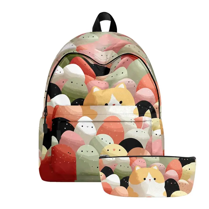 Sac à dos imprimé de chats de dessin animé renard mignon, sacs à crayons à bretelles réglables, sac