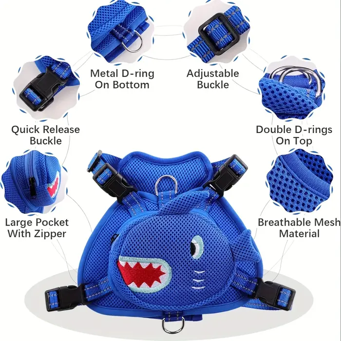 Sac à dos pour chien, harnais, sac à dos sans traction avec anneau en D pour petits et moyens chiens, mignon requin, auto-transportant pour animaux de compagnie, voyage réglable