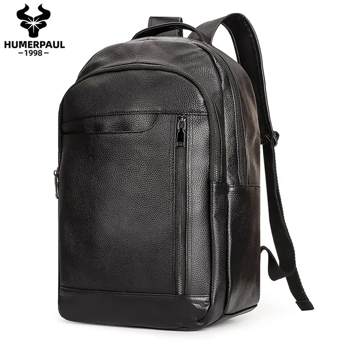 Sac à dos de voyage noir pour hommes, en cuir véritable, pour ordinateur portable, grande capacité,