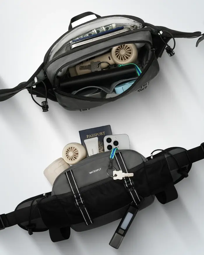 WATERFLY Sac banane de randonnée 3L – Sac de taille avec 2 porte-bouteilles et 9 poches