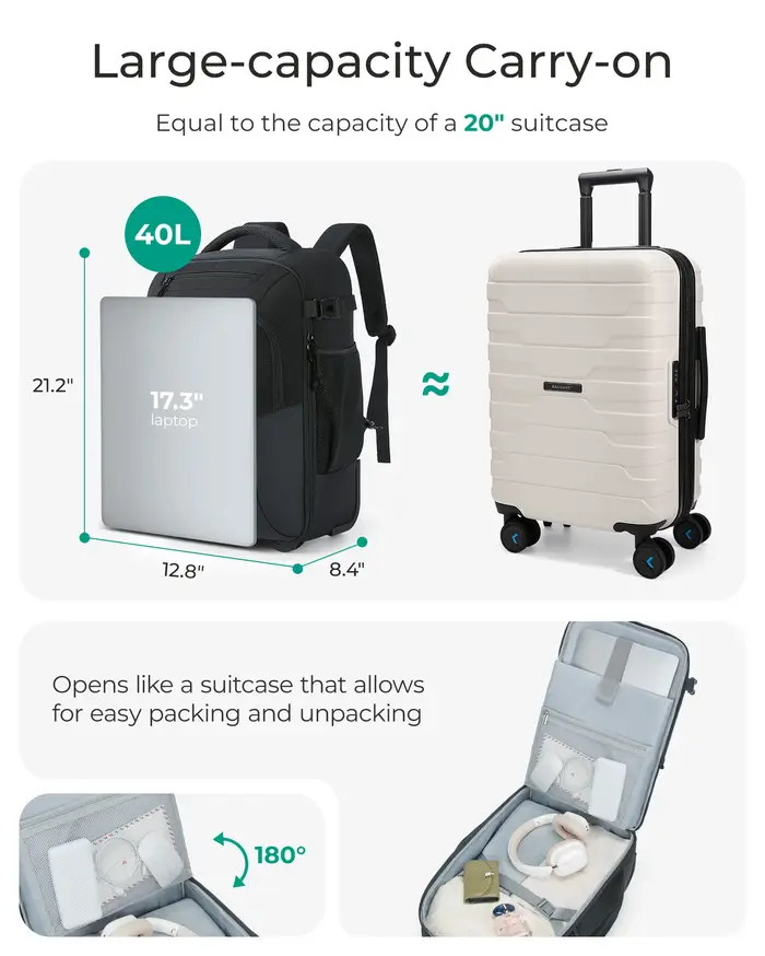 BAGSMART Sac à dos roulant pour ordinateur portable 17 pouces résistant à l'eau grande capacité 40L