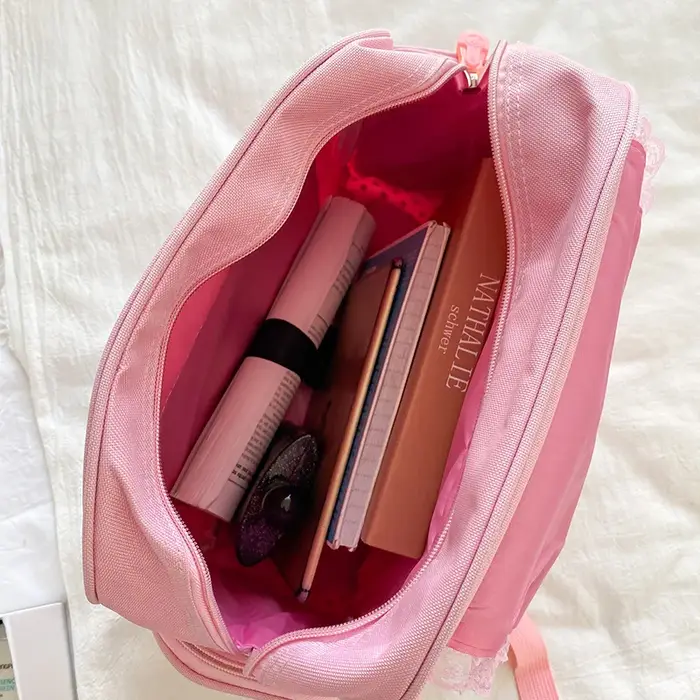 Sac d'école rose brodé de fraises pour filles