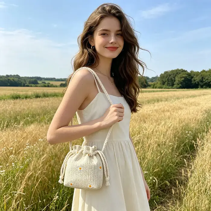 Sac mini seau tressé en herbe de plage