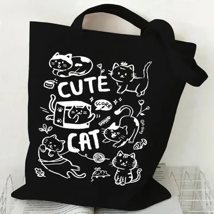 Sac fourre-tout en toile imprimé chat noir et blanc
