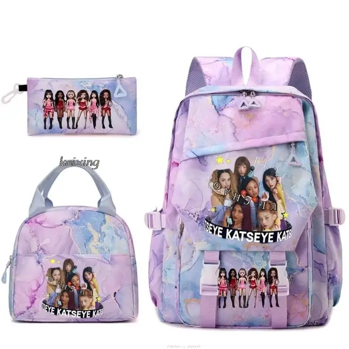 Nouveaux sacs à dos Katseye à imprimé amusant, 3 pièces/ensemble, sac d'école pour étudiants, sac de