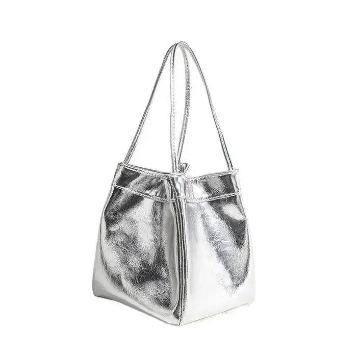 Silver Bucket Bag For Women Lunch Box Bag Hand-Held Small Bag Bucket Bag