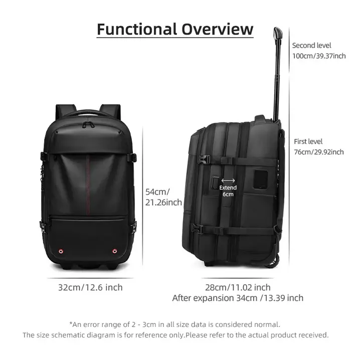 Sac à dos à roulettes avec roulettes, sac à dos à roulettes de grande capacité, bagages sous vide, v