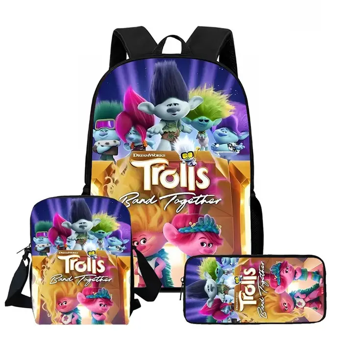 Lot de 3 sacs à dos Trolls légers pour garçons et filles, sacs d'école avec sacs à bandoulière, cart