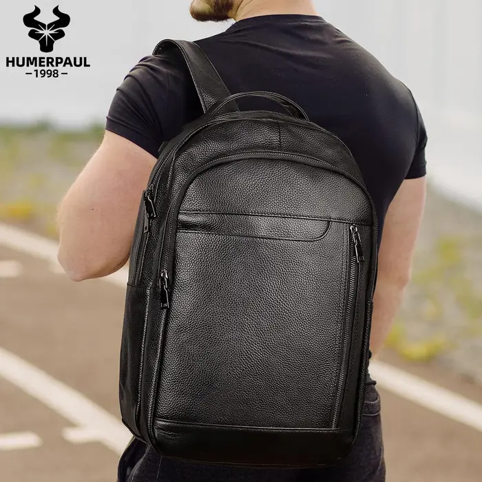 Sac à dos de voyage noir pour hommes, en cuir véritable, pour ordinateur portable, grande capacité,