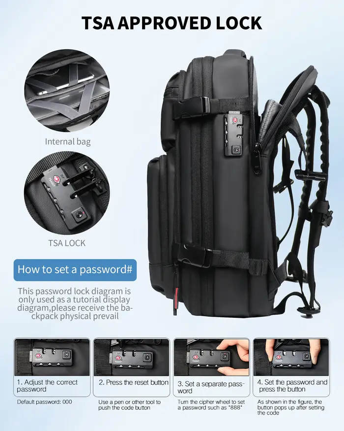 Sac à dos de voyage 60L extensible avec système de compression d'air et serrure TSA