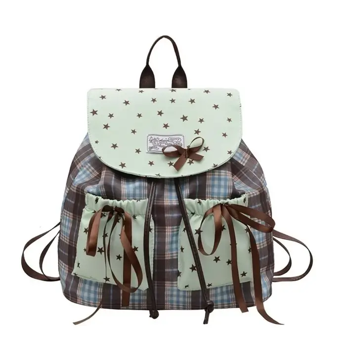 Sac à dos double épaule Sweet Bow, motif à carreaux, imprimé étoiles, sacs d'école pour étudiants, motif quadrillé, contraste de couleurs, vert menthe, petit sac à dos