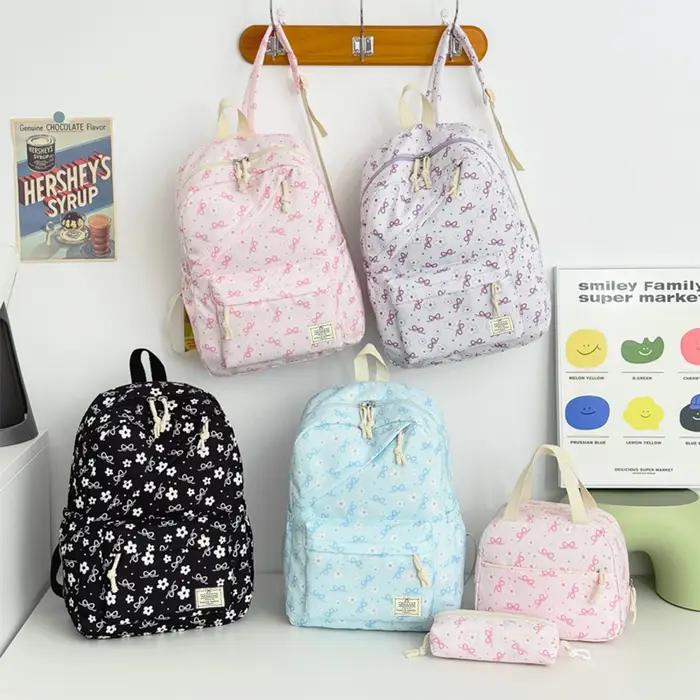 Ensemble de sacs à dos trois pièces en nylon léger à imprimé floral avec nœud, grande capacité, pour filles, idéal pour le campus et les étudiantes