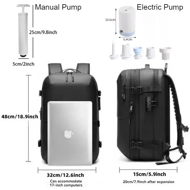 Sac à dos de voyage à compression sous vide 60L pour hommes – Sac pour ordinateur portable 17 pouces