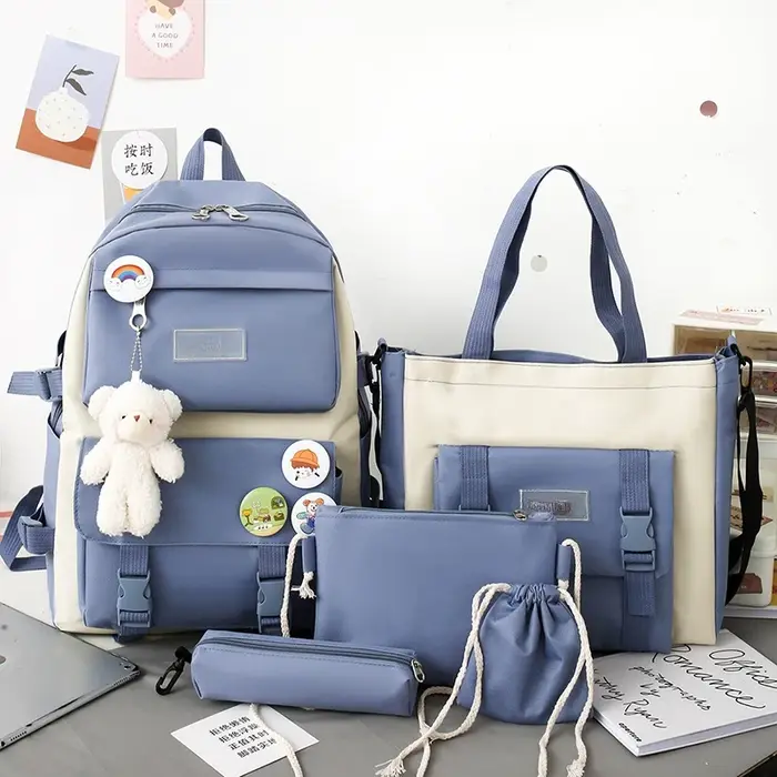 5 pièces ensemble sacs d'école pour adolescent sac à dos femme filles toile couleur unie femmes adol