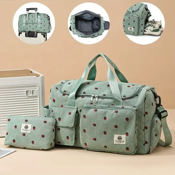 Sac de voyage fraise, sac à bagages en velours côtelé de grande capacité