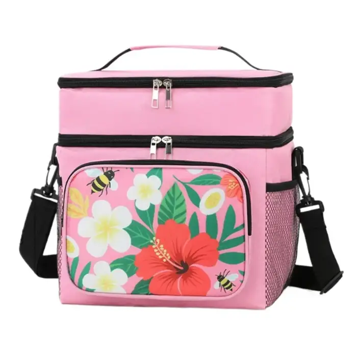 Sac à dos isotherme imprimé double couche grande capacité, sac isotherme portable et bandoulière pou