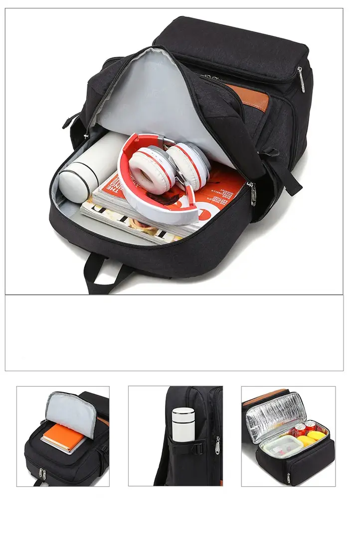 Sac à dos isotherme noir pour ordinateur portable, sacs isothermes, compartiment USB, sacs à dos éta