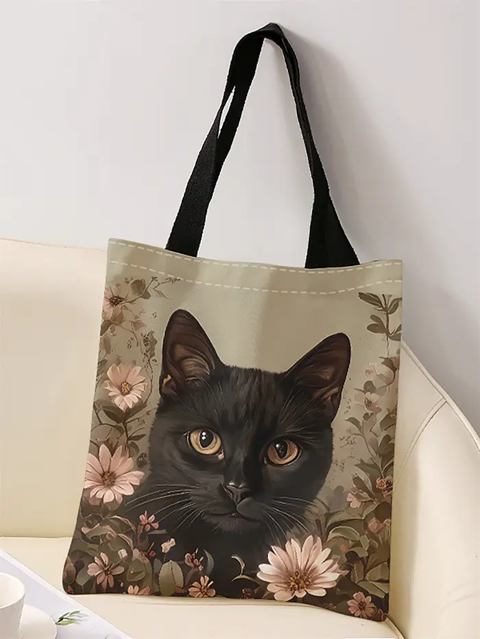 Sac à main décontracté imprimé motif chat noir, sac à dos réutilisable à la mode, sac à main multifonctionnel, sac de shopping en toile