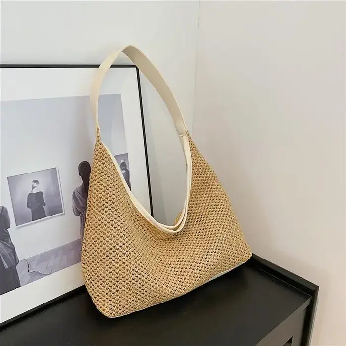 Sac seau tissé en herbe, sac à bandoulière de grande capacité, couleur unie, sac à bandoulière pour 