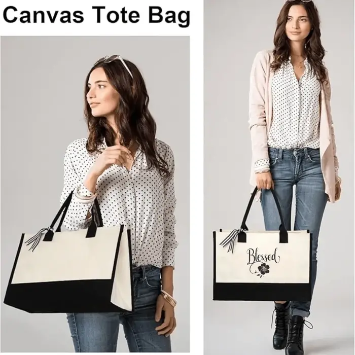 Sac fourre-tout en toile au design floral blanc et noir pour un usage quotidien