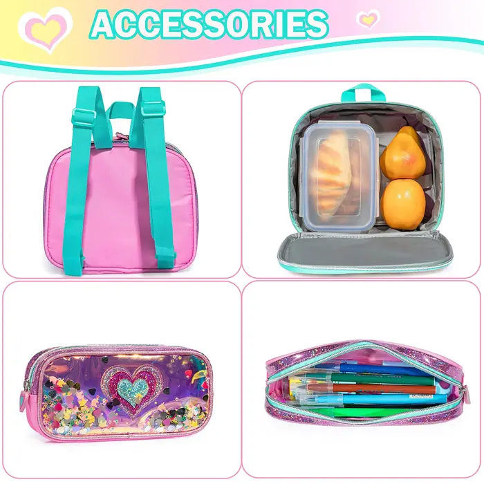 QY.TIMES 3 pièces sac à dos d'amour pour adolescentes avec boîte à déjeuner pour grands enfants sacs à dos d'école pour élèves du primaire âge 6-12 ans