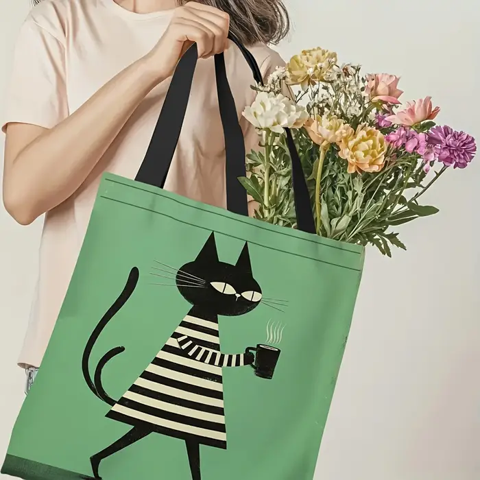 Sac à main spacieux et léger avec motif chat noir et blanc - Idéal pour les trajets quotidiens