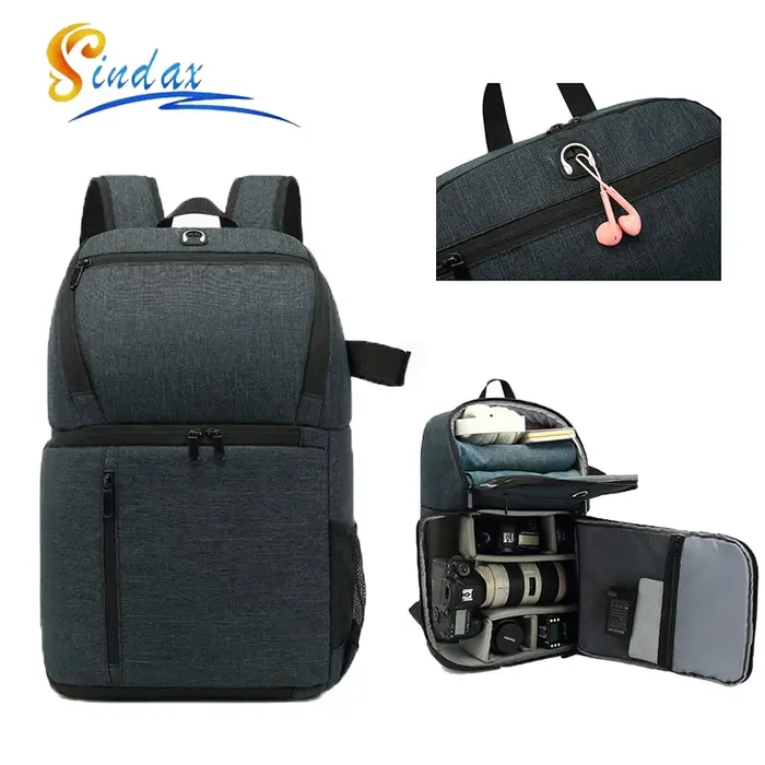 Sac à dos pour appareil photo reflex numérique avec trou pour écouteurs, étanche, pour photographie en extérieur, sac de voyage pour ordinateur portable, trépied et objectif