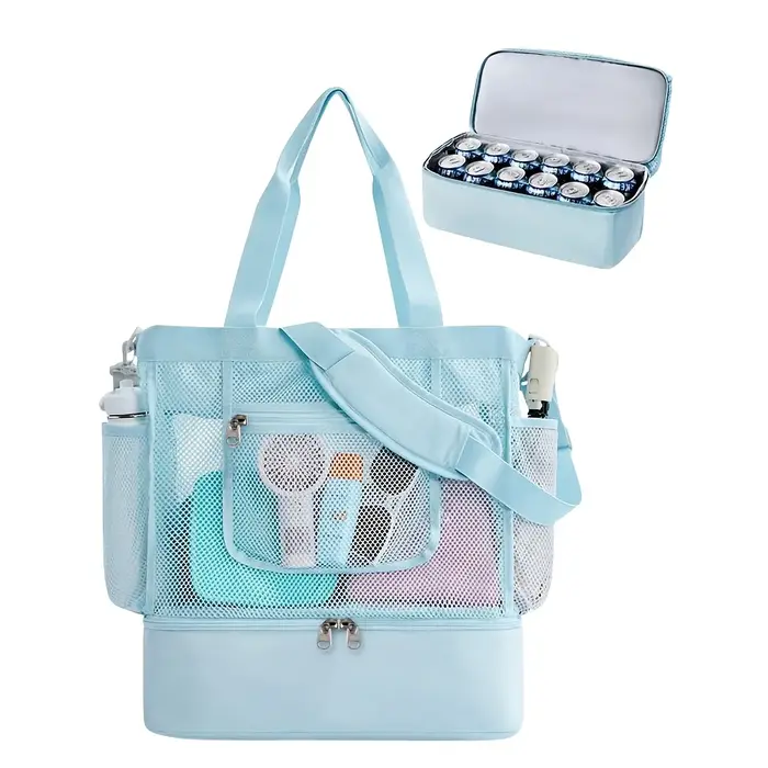 Sac de plage en maille 2-en-1 avec glacière isotherme amovible, grand sac de piscine anti-sable pour