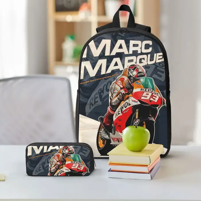 Moto Marc Marqueze 93 sac à dos garçons filles BookBag sac d'école ordinateur sacs à bandoulière 3ps sac à déjeuner isolé trousse à crayons