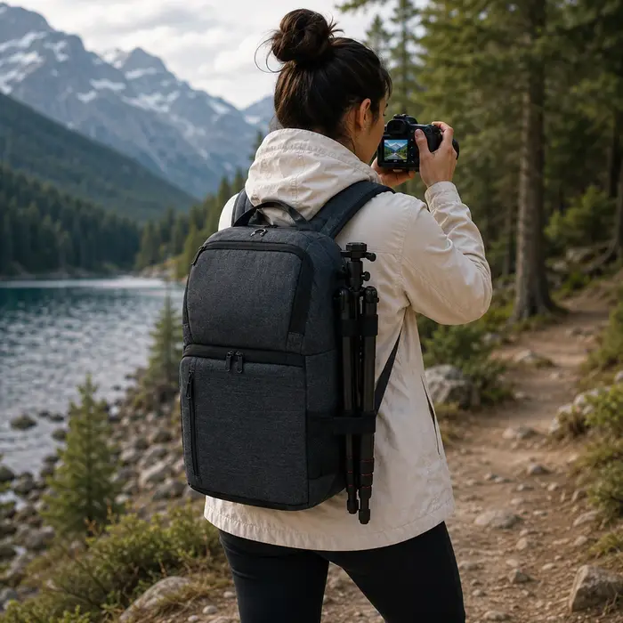 Sac à dos pour appareil photo reflex numérique avec trou pour écouteurs, étanche, pour photographie en extérieur, sac de voyage pour ordinateur portable, trépied et objectif