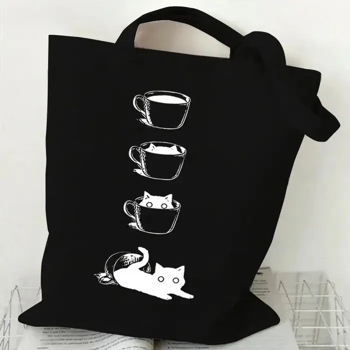 Sac fourre-tout en toile imprimé chat noir et blanc, grande capacité, sac à bandoulière de dessin an
