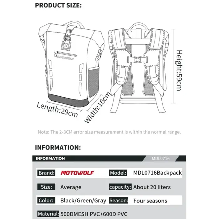 Sac à dos de moto Motowolf pour hommes et femmes