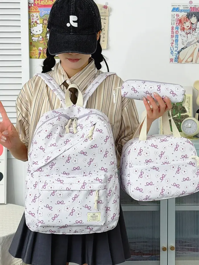 Ensemble de sacs à dos trois pièces en nylon léger à imprimé floral avec nœud, grande capacité, pour filles, idéal pour le campus et les étudiantes