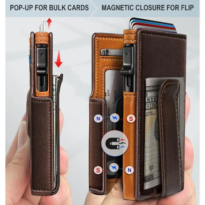 Sac en cuir brosse antivol bande magnétique emplacement de positionnement d'étiquette d'air portefeuille en métal Pop-up automatique adapté aux hommes et aux femmes