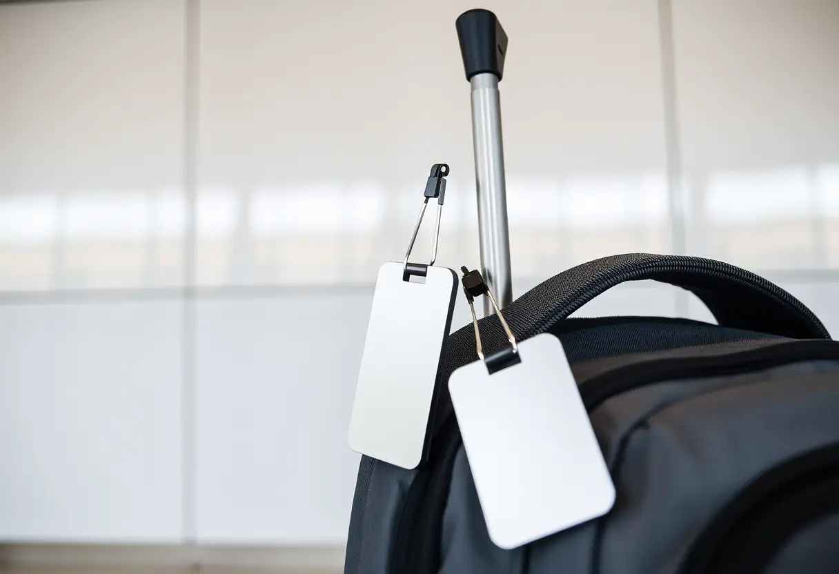 Badge métallique accroché au manche d'un sac à dos pratique dans un aéroport
